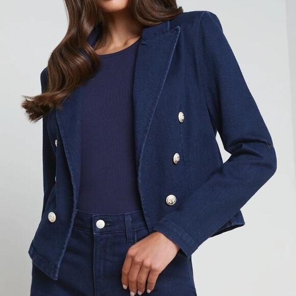 L’Agence Wayne Cropped Denim Blazer Palomino Anchor Buttons Dark Wash Large NWT - Picture 1 of 11